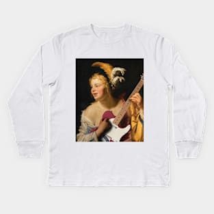 Girl with Guitar - Moody Maximalism Oil Painting Kids Long Sleeve T-Shirt
